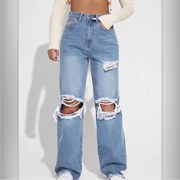 Blue Ripped Cutout High Waisted Wide Leg Jeans - Picture 2 of 4